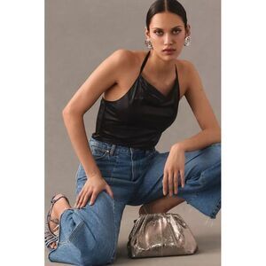 Anthropologie black metallic liquid shine halter cowl neck club party top